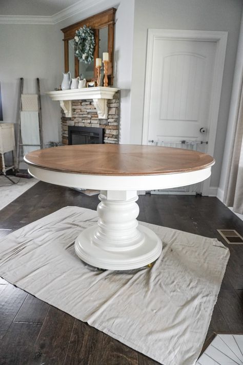 Refinishing Farmhouse Table, Refinishing Oak Table Dining Room, Refinish Oak Kitchen Table, Refinishing Round Kitchen Table, Refinished Pedestal Table, Round Pedestal Dining Table Redo, Pedestal Kitchen Table Makeover, Modern Farmhouse Kitchen Table Round, Redone Kitchen Table