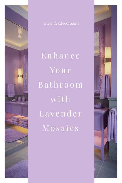 Lavender-themed bathroom with lavender mosaics and towels. Lavender And Pink Bathroom Ideas, Lilac Bathroom Decor, Violet Bathroom, Lavender Paint Colors, Lavender Tile, Lavender Shower Curtain, Lavender Bathroom, Purple Bathroom Decor, Lavender Walls