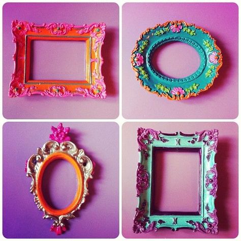 Maximalist Decor Picture Frames, Maximalist Picture Frame, Maxamilist Diy, Colorful Picture Frames On The Wall, Fun Office Wall Decor, Maximalism Diy Decor, Diy Pop Art Decor, Painted Frames On Wall, Painted Frames Diy