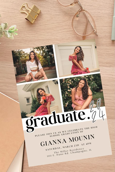 collage graduation announcement / grad announcement card / class of 2024 grad party / grad party ideas / high school grad ideas / 2024 graduate / graduation invite template / graduation party invitation College Grad Invitations Ideas, Graduation Save The Date High School, Graduation Save The Date Ideas, Graduation Card Ideas Invitations, Grad Invite Ideas, Graduation Invitation Ideas, College Grad Invitations, High School Graduation Cards, 18th Party