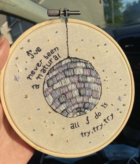 Small embroidery hoop, cream colored fabric, disco ball, metallic thread Mirrorball Embroidery, Mirrorball Bookmark, Mirrorball Nails, Mirrorball Taylor Swift, Taylor Swift Mirrorball, Quotes Embroidery, Embroidery Jeans Diy, Earthy Elements, Embroider Ideas