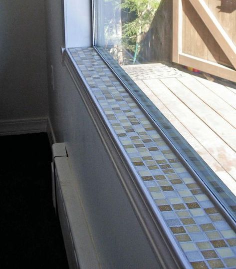 mosaic tile window sill 1 by sandevolver on DeviantArt Windowsill Tiles, Bathroom Window Sill Ideas, Tile Window Sill, Tiled Window Sill, Kitchen Trim, Oak Window Sill, Window Ledge Decor, Window Sill Trim, Trim Windows