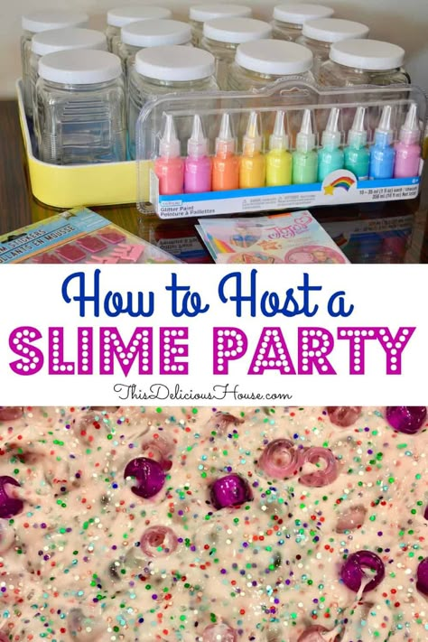 Host a fun SLIME PARTY with these easy tips and ideas. Recipe for nonstick fluffy slime included. #slimeparty #kidsbirthdayidea Gold Party Themes, Rainbow Cake Designs, Slime Making Party, Slime Party Ideas, Jojo Siwa Birthday Party, Slime Birthday Party, Fluffy Slime Recipe, Slime Birthday, Jojo Siwa Birthday