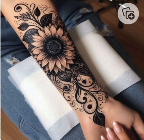 Tattoo Ideas With Sunflowers, All Around Wrist Tattoos For Women, Tummy Tattoos For Women Cover Up, Female Country Tattoos, Lace Arm Tattoos For Women, Black Feminine Tattoos, Women’s Tattoo Placement Ideas, Forearm Tattoo Cover Up Women, Cosmos Tattoo Design