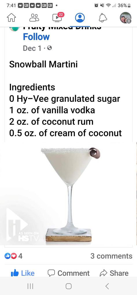 Snowball Martini Vanilla Vodka, Vanilla Vodka Snowball, Snowball Martini, Martini Ingredients, Vanilla Vodka, Coconut Rum, Granulated Sugar, Martini, Vodka