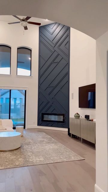 Wood Feature Wall With Fireplace, Fireplace Textured Wall, Accent Wall On Fireplace, Textured Wall Fireplace, Modern Floor To Ceiling Fireplace, Wood Accent Fireplace Wall, Accent Wall For Stairway, Accent Wall Over Fireplace, Geometric Fireplace Wall