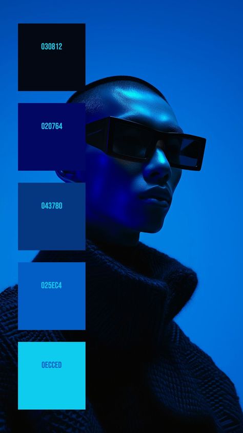 Color Pallets Fashion, Futuristic Colors Palette, Futuristic Blue Color Palette, Confidence Color Palette, Blue Monochrome Color Palette, Moonlight Color Palette, Graphic Design Color Palette Inspiration, Futuristic Colour Palette, Blue Light Portrait