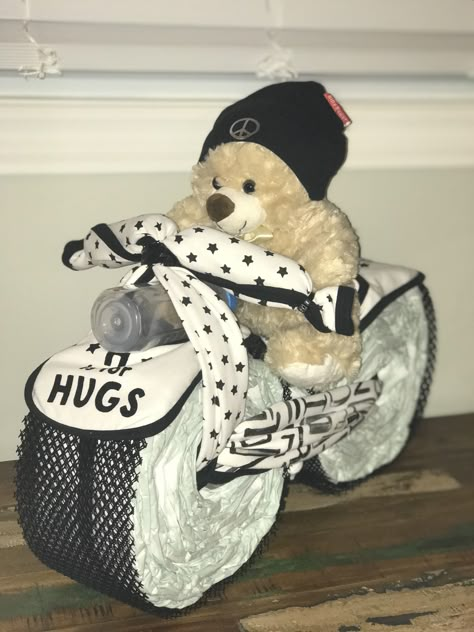 Diaper Motorcycle Diy, Dirt Bike Baby Shower Ideas, Boy Diaper Cake Ideas, Motorcycle Diaper Cake Tutorial, Diaper Cakes For Baby Boy, Baby Shower Motorcycle, Diaper Cake Ideas, Motorcycle Diaper Cake, Diaper Motorcycle Cake