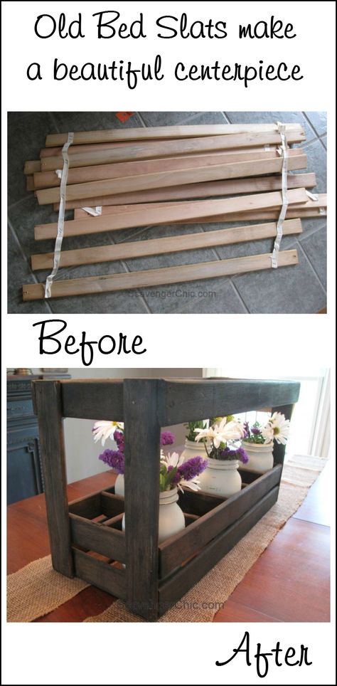 Old bed slats make a beautiful centerpiece (I would use pallet wood!) scavenger chic for MyRepurposedlife.com Bed Slats Upcycle, Ikea Bed Slats, Bed Caddy, Wooden Caddy, Used Pallets, Old Beds, Ikea Bed, Bed Slats, Pallet Art