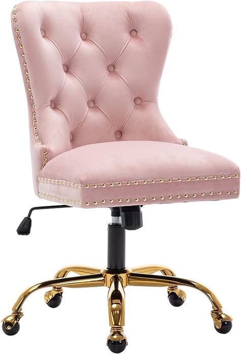 Amazon.com: QUINJAY Velvet Home Office, Upholstered Adjustable Swivel desk chair with Gold Base, Tufted Study with Comfy High Back for Teens Study Makeup Pink : Office Products Pink And Gold Office, Study Makeup, Pink Office Chair, Stylish Office Chairs, Gold Dining Chairs, Swivel Desk Chair, Velvet Office Chair, Swivel Desk, Pink Vanity