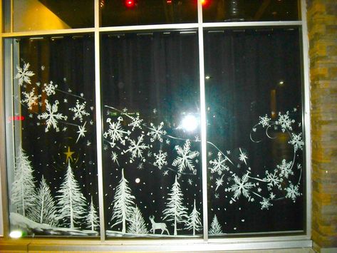 Trees and blowing snow by Window-Painting on DeviantArt Chalk Markers Art, Christmas Window Painting, Snow Trees, Christmas Window Display, Winter Window, Christmas Window Decorations, Christmas Window, Window Art, Window Painting