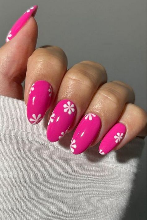 30 Cute Summer Nails For 2024 - Girl In Cali Hot Pink With Flower Nails, Pink Flamingo Nail Art, Hot Pink Daisy Nails, Bright Pink Nail Art, Flamingo Pink Nails, Hot Pink Nail Art Designs, Bright Pink Nail Ideas, Hot Pink Nails With Flowers, Pink Flamingo Nails