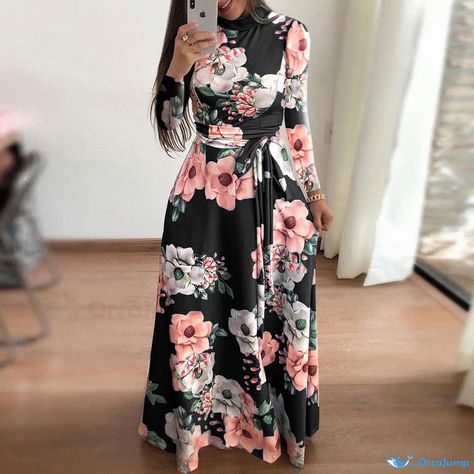 Orcajump - European Chic Floral Printed Flared Dress - Women's Autumn Short Sleeve Style Apostolic Style, Church Dresses For Women, Apostolic Clothing, Wrap Tunic, Printed Long Dress, Tie Waist Maxi Dress, Pentecostal Fashion, Big Dresses, Winter Wrap