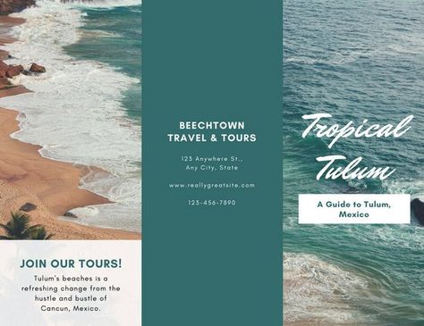 Green and White Beach Travel Trifold Brochure Italian Restaurant Logos, Travel Brochure Design, Brochure Food, Brochure Graphic, Hotel Ads, Tulum Beach, Brochure Design Inspiration, Stationary Design, White Beach