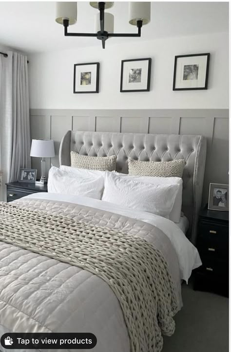 Bedroom With Grey Bed, Chalk Wall Paint, Grown Up Bedroom, Feature Wall Bedroom, Neutral Bedroom Decor, Grey Bed, Wardrobe Space, Chalk Wall, Sage Green Bedroom