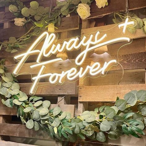 #WeddingNeonSigns #WeddingDecor #CustomNeonSigns #UniqueLighting Always And Forever Wedding, Reception Backdrop, Wedding Reception Backdrop, Photo Backdrop Wedding, Forever Wedding, Wedding Neon Sign, Acrylic Board, Cell Phone Number, Wedding Leaves