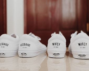 Custom Wedding Script Calligraphy LEATHER VANS / Canvas Wedding VANS Shoes / Wedding Shoes / Wedding Sneakers / Wife Wifey Shoes - Etsy Vans Wedding Shoes, Wedding Vans, Custom Wedding Shoes, Leather Vans, Wedding Sneakers, Leather Wedding, Future Wedding Plans, Cute Wedding Ideas, Wedding Goals