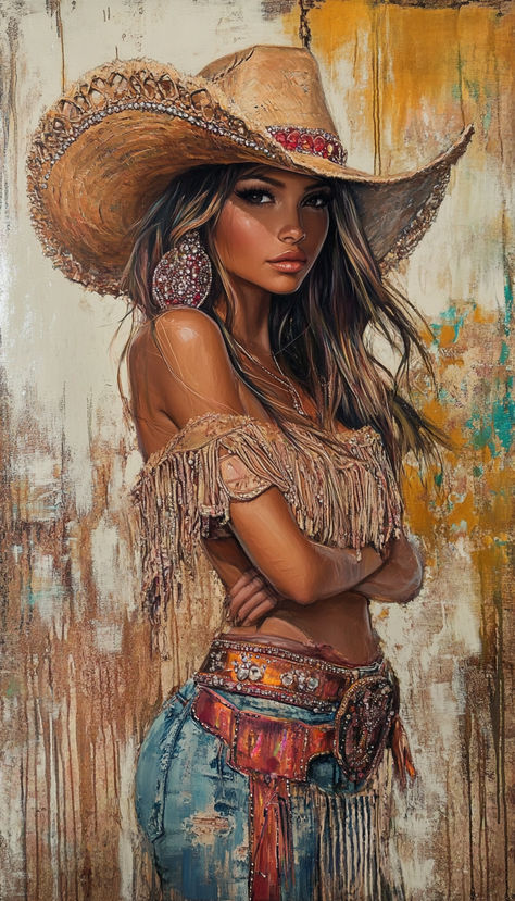 Glam Cowgirl with Rhinestones and Fringe Glam Cowgirl, Western Art, Main Character, Main Characters, Art Pictures, Halloween, Quick Saves, Art