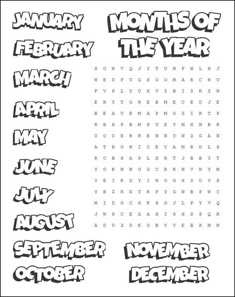 Help the kids learn the months of the year as they search for the matching letters on our Printable Months Word Search. It makes learning our calendar year Word Search For Kids, Kids Word Search, English Activities For Kids, English Exercises, Learning English For Kids, English Worksheets For Kids, Kids English, English Lessons For Kids, English Activities