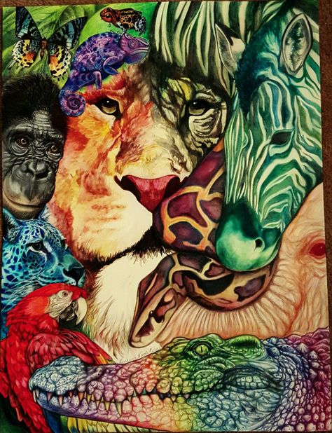 Wild animal jungle/safari painting/drawing Jungle Safari Painting, Jungle Safari Drawing, Wild Life Animals Drawing, Animal Composition Painting, Wild Animals Drawing Sketch, Jungle Animal Drawings, Jungle Painting Acrylic, Endangered Animals Art, Safari Paintings