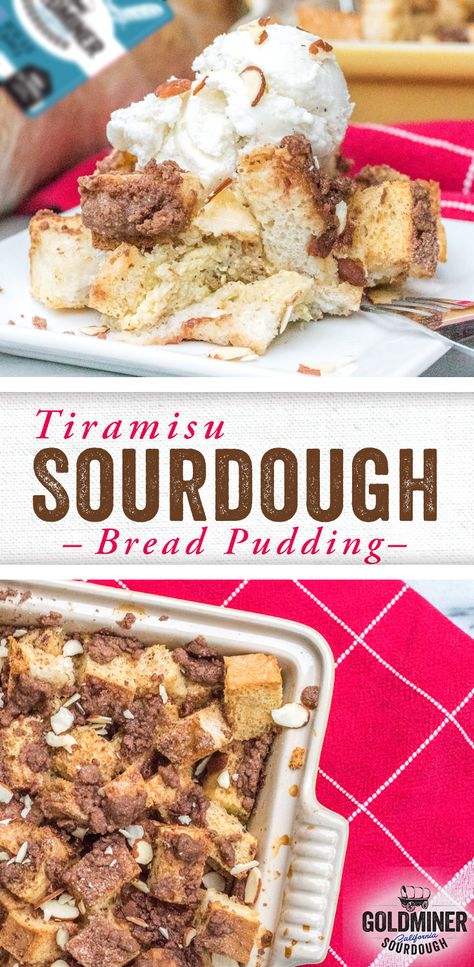 Tiramisu Sourdough Bread Pudding: Enjoy this tiramisu bread pudding for dessert or breakfast – or perhaps both! It gets its rich flavor from tangy California Goldminer Sourdough Non-GMO Jaco Bread, espresso, vanilla, cocoa powder and almonds. Go all out with a scoop of ice cream on top!  #breadpudding #dessert #breakfast #brunch #holidaysweets #holidaydesserts Sourdough Bread Pudding, Riced Broccoli Recipes, Keto Ice Cream Recipes, Cheesecake Fudge, Cookies Cheesecake, Starter Sourdough, Bread Pudding Easy, Christmas Dessert Ideas, Olympic Gold Medal