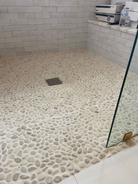 River Rock Shower Floor, Rock Shower Floor, River Rock Shower, Pebble Shower Floor, Rock Shower, Ibiza Vibes, Primary Bathroom, Christmas Cottage, Bathroom Remodel Designs