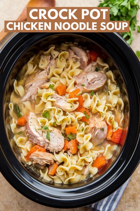 Crock pot filled with chicken noodle soup, featuring chicken pieces, noodles, carrots, and herbs. Slow Cook Chicken Noodle Soup Crock Pot, Homemade Chicken Noodle Soup With Homemade Noodles, Crock Pot Dinner Chicken, Chicken Noodle In Crockpot, Chicken Noodle Soup With Rotisserie Crock Pot, Crock Pot Chicken Noodle Soup Recipes, Chick Noodle Soup Recipes, Crock Pot Chicken Noodle Soup Easy, Chicken Noodle Soup Crock Pot Easy