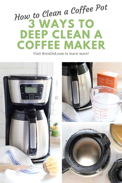 The tastiest coffee starts with a thoroughly cleaned coffee maker. Learn how to naturally clean a coffee pot with simple household ingredients such a baking soda, vinegar, or citric acid. Plus a no scrub trick to remove coffee pot stains! Clean Coffee Maker With Vinegar, Clean Coffee Pot With Vinegar, Cleaning Coffee Pot, How To Clean A Coffee Maker With Vinegar, Cleaning Coffee Pot With Vinegar, Cleaning A Coffee Maker, How To Clean A Coffee Pot, Cleaning Coffee Maker, How To Clean A Coffee Maker