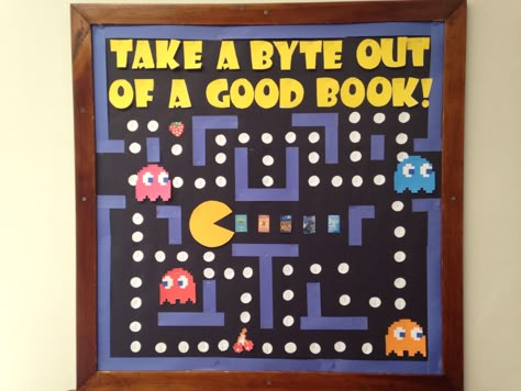 Level Up At Your Library, Literacy Bulletin Boards, Summer Boards, School Library Bulletin Boards, Retro Classroom, School Library Design, School Library Displays, Library Bulletin Board, Reading Boards