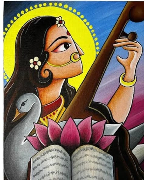 Saraswati Abstract Painting, Swachh Bharat Drawing Ideas, God Painting Ideas, Swachh Bharat Drawing, Aesthetic Krishna, Art Painting Wallpaper, Saraswati Painting, Diwali Painting, Swachh Bharat