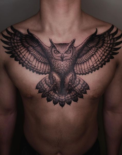 Owl Tattoo On Chest For Men, Detailed Owl Tattoo, Men Owl Tattoo Ideas, Owl Tattoo Design Chest, Chest Owl Tattoo, Owl Chest Tattoo Men, Realistic Owl Tattoo Design, Owl Back Tattoo, Bird Chest Tattoo