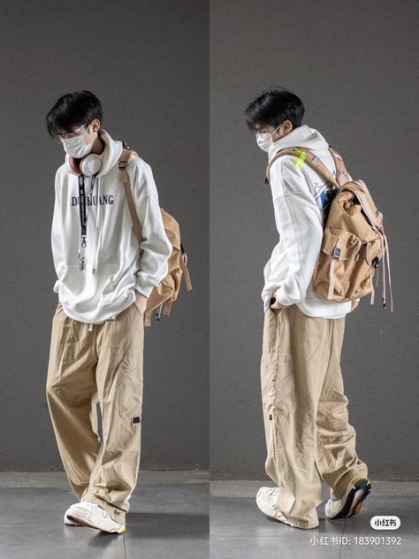 Asian boy wearing face mask, glasses and white hoodie. Wearing baggy pants, chuncky sneakers and a backpack. Retro Photography, Queer Fashion, Tomboy Style Outfits, Cool Outfits For Men, Asian Style, Tomboy Fashion, Asian Fashion, Aesthetic Fashion, Fashion Sense