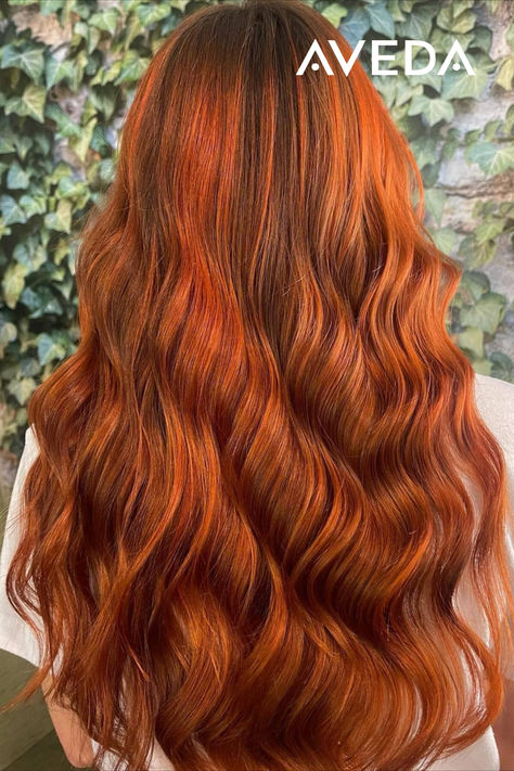 @thetemplehairbeautyspa explains how to maintain this gorgeous copper balayage for their client, "Using Aveda vegan color—this bespoke color was created for a more intense result than her normal. Don’t forget to protect the longevity of brighter hair colors with Color Control aftercare." #AvedaColor #ColorControlAveda #RedHair #CopperHair #CopperBalayage Fall Red Hair Color, Fall Red Hair, Shampoo For Color Treated Hair, Aveda Hair Color, Summer Elements, Summer Hair Care, Brunette Red, Copper Balayage, Aveda Hair