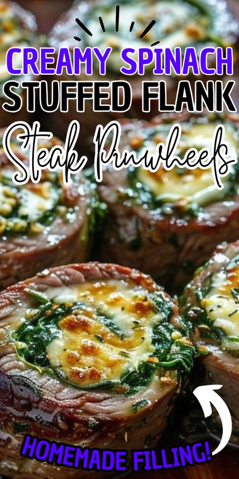 Creamy Spinach Stuffed Flank Steak Pinwheels Stuffed Pinwheel Steak, Healthy Flank Steak Recipes Clean Eating, Dinner Ideas Flank Steak, Pinwheel Flank Steak Recipe, Flank Steak Pinwheel Recipes, Pinwheel Flank Steak, Flank Steak Pinwheels Smoker, Flank Steak Pin Wheels, Stuffed Flank Steak Recipes Pinwheels