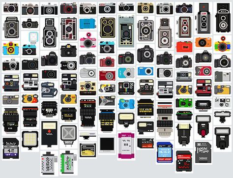 100 Cameras, Lenses, and Accessories Turned into Pixel Illustrations Camera Pixel Art, Billy Brown, Art Camera, Camera Illustration, Camera Collection, Systems Art, Cute Camera, Camera Icon, Mish Mash