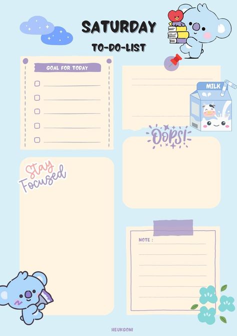 KOYA (saturday) to-do-list onenotedigitalplanner #plannertoorganize🌾. Bt21 Stationary, Bt21 Planner, Bts Stationary, Pink Monthly Planner, Koya Bt21, Cute Planners, Cute Daily Planner, Weekly Planner Free Printable, Aesthetic Planner