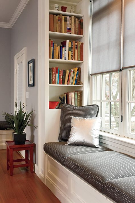 Window Bed With Bookshelves, Window Seat Shelving, Bookcase Next To Window, Ottoman Window Seat, Window Bench Seat With Bookshelves, Bookshelf Bench Under Window, Extension Window Seat, Window Seat Built In Bookcase, Loft Window Seat