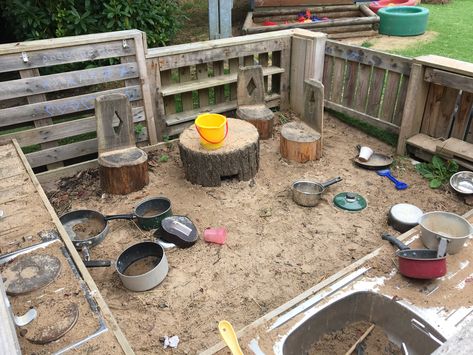 This sandpit kitchen is in the baby/toddler area of Little Acorns Nursery's outdoor space.You can see it's been created mainly through repurposed pallets and bits of wood - check the shelves and posting possibilities. Mud Kitchen In Sandpit, Mud Kitchen Sandpit, Eyfs Sand Area Outside, Mud Pit Ideas Outdoor Play, Sandpit Storage, Outdoor Sandpit, Pallet Playground, Backyard Permaculture, Kids Outdoor Spaces