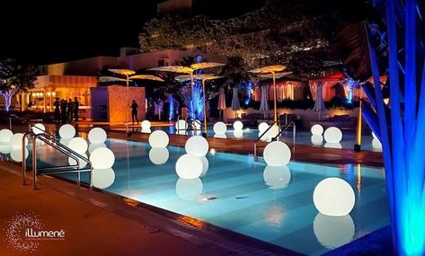 Floating Lights In Pool Wedding, Pool Wedding Decorations Floating Lights, Floating White Lights In Pool, Led Pool Party, Light Up Pool Balls, Pool Glow Balls, Tuscan Christmas, Pool Light Up Balls, Light Up Beach Balls