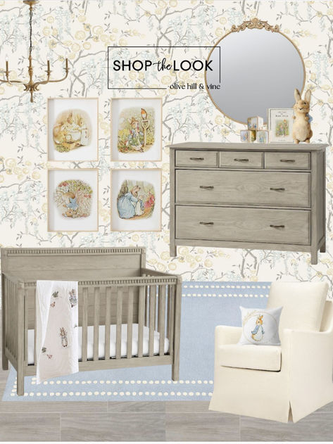 Welcome to our whimsical Peter Rabbit nursery! Embrace the charm of spring with our convertible crib and dresser combo, adorned with classic Peter Rabbit art. Dive into dreamy florals with chinoiserie wallpaper, complemented by an elegant forged iron chandelier. Soft hues of pale blue and yellow pop against the backdrop, while a cozy swivel glider awaits with a Peter Rabbit pillow for storytime snuggles.   Follow my shop @OliveHillandVine on the @shop.LTK app to shop this post! Peter Rabbit Nursery Girl, Peter Rabbit Art, Peter Rabbit Wall Art, Peter Rabbit Mural Nursery, Petter Rabbit Themed Nursery, Bunny Nursery Art Boy, Peter Rabbit Nursery Throw Pillows, Twin Nursery, Peter Rabbit Nursery