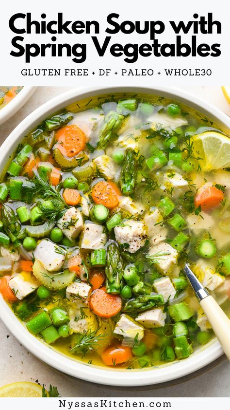 Chicken soup with spring vegetables is a delicious, nutrient dense soup that bridges the gap between the chilly days of winter and the fresh produce of springtime. Made with all the veggies you love in a traditional chicken soup, with the addition of peas, asparagus, fresh dill, and a burst of bright lemon juice. Protein rich and so satisfying! Whole30, paleo friendly, gluten free, and dairy free. Spring Soup Recipes, Spring Soups, Inflammation Recipes, Homemade Chicken Soup, Hearty Soup, Anti Inflammation, Whole30 Recipes, Veggie Soup, Spring Vegetables