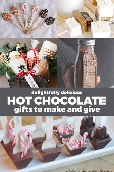 These homemade hot cocoa gifts are seriously amazing! Here are five delicious ways to give hot cocoa to a friend, teacher or neighbor! Bar Gift Basket, Gift Basket For Christmas, Basket For Christmas, Hot Chocolate Gift Basket, Hot Cocoa Mix Recipe, Hot Cocoa Gift, Hot Chocolate Spoons, Diy Hot Cocoa, Diy Hot Chocolate