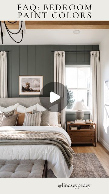 Lindsey Pedey on Instagram: "Our bedroom has been getting a lot of attention lately, since we added the beams & new curtains. In turn of my FAQ is what color is your bedroom?! Walls & ceiling are BM Chantilly Lace & accent wall is Millstone Gray!   Are you a fan of accent walls? Honestly, I’m not. 🙈 BUT I do love our bedroom. I recently tried to paint it all dark but the color was wrong and I panicked bc it was like a week before the magazine shoot. Soooo I painted it all back. 😂😂 For now I love it, accent wall and all.   Tip: We ripped sheets of MDF to 10” to get this custom width shiplap. It saved us a TON of money too!! We used 2 nickels for spacing to better match the rest of the real shiplap in our home.  Don’t forget to save & share this post so you can come back to it!   Comment Main Bedroom Ideas Master Suite Color Schemes Accent Walls, Accent Wall Bedroom With Window, Millstone Gray, Bm Chantilly Lace, Gray Accent Wall Bedroom, Grey Curtains Bedroom, Shiplap Bedroom, Charcoal Bedroom, Wall Behind Bed