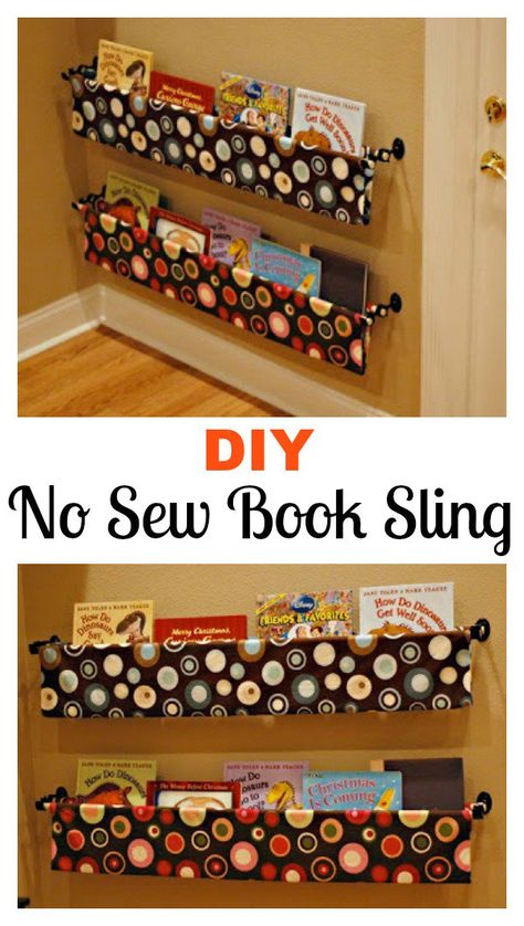 Sling Bookshelf Diy, Book Sling Diy, Diy Sling Bookshelf, Diy Baby Bookshelf, Diy Kids Book Storage, Diy Book Storage, No Sew Ideas, Fabric Bookshelf, Sling Bookshelf