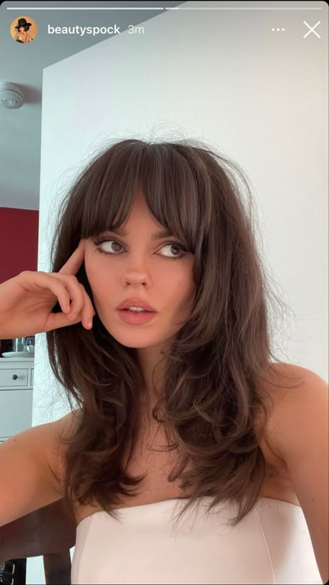 70s Bangs Haircut, Long Haircut With Bangs And Layers Round Face, 70s Hairstyles With Bangs, Chocolate Brown Shag Hair, 90s Supermodel Bangs, Medium 70s Hair, Brown 70s Hair, Wispy Bangs Shaggy Hair, 70s Haircut Bangs