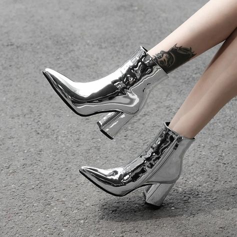 Gold Ankle Boots, Black And Silver Heels, High Heel Stiefel, Chunky Ankle Boots, Sequin Boots, Metallic Boots, Basic Boots, Popular Boots, Boots Zipper