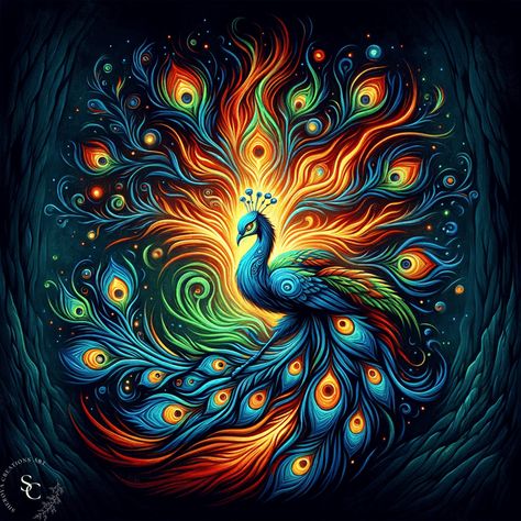 Vibrant Peacock in Enchanted Forest - Psychedelic Fantasy Art Peacock Fantasy Art, Peacock Graffiti, Peacock Artwork, Batman Pictures, Forest Backdrops, Cute Fantasy Creatures, Colorful Feathers, Ocean Inspiration, Peacocks