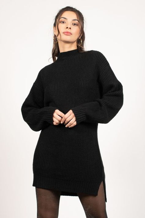 Turtle Neck With Dress, Black Sweater Dress Outfit Winter, Women's Wrap Dresses, Black Sweater Dress Outfit, Sweater Dress Outfit Winter, Warm Knit Sweater, Black Turtleneck Dress, Travel Fits, Black Cold Shoulder Dress