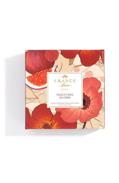 This collection of sophisticated French bar soaps is inspired by the transporting, evocative powers of French parfum. Each unique aroma profile is delightfully complex, yet delivers simple, genuine pleasure - a sensorial journey out of the ordinary and into the world of timeless beauty.Made in France and charmingly packaged with hand-drawn florals, vivid colors, and gilded details, France Luxe® Body is the ultimate gift to yourself or someone else - the finest accessories for body, mind and soul Bath Products Packaging, French Bar, Cosmetics Design, French Soap, Scent Bars, Custom Journal, French Perfume, Luxury Bar, Drop Cap