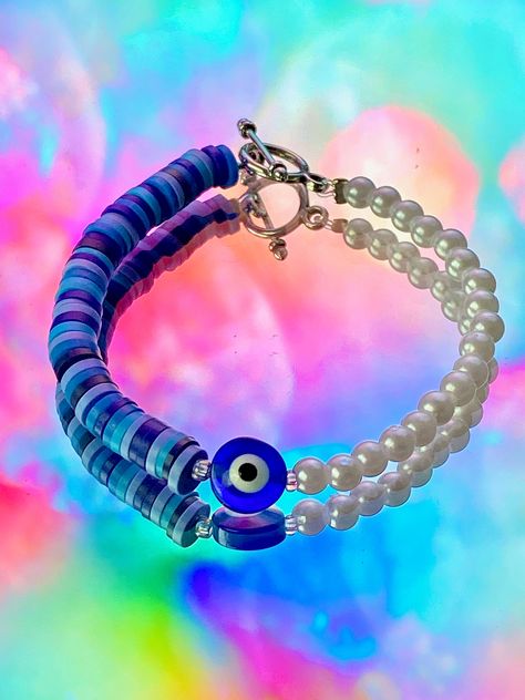 Evil Eye Bracelet Ideas Diy, Round Bead Bracelet Ideas, Bracelet Ideas Evil Eye, Evil Eye Clay Bead Bracelet, Evil Eye Bracelet Ideas, Evil Eye Bracelet Diy, Evil Eye Beaded Bracelet, Loom Band Bracelets, Teal Bracelet